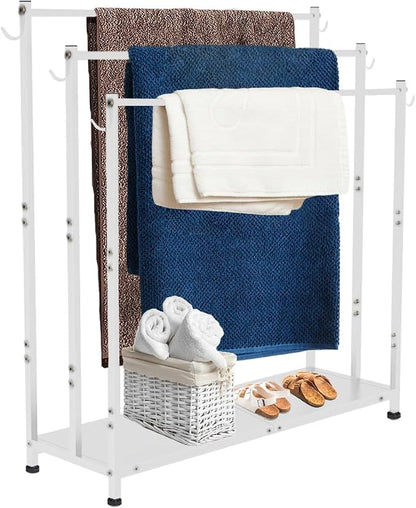 Extra Large Free Standing Towel Rack, White | 3 Tiers Heavy Duty Blanket Drying Stand Holder with Metal Storage Shelf & 6 Hooks for Bathroom, Pool, Bedroom, Living Room