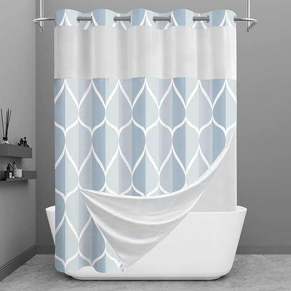 Gelbchu Dark Blue No Hook Shower Curtain with Snap-in Liner, 71 x 74 Inch | Built-In Hooks, Mesh Top Window, Water-Repellent, Machine Washable, Quick Drying, Premium Polyester, Hotel Style, Modern