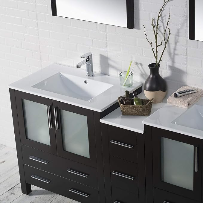 Blossom Luxury 72 Inch Solid Wood Bathroom Vanity Double Sink Set | Espresso Master Suite Vanity with Linen Cabinet | Modern Dual Sink Cabinet with Soft-Close Drawers & Tempered Glass Doors