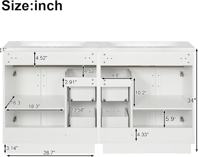60" Bathroom Vanity Set with Double Sink, Harper & Bright Designs Vanity Cabinet with 4 Cabinet Doors, 4 Drawers, 2 Adjustable Shelves, Solid Wood Bathroom Cabinet with Resin Basin for Bathroom, White