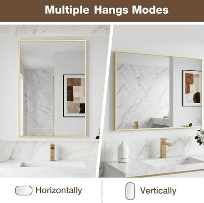MZON 20" x 30" Brushed Gold Bathroom Vanity Mirror, Mirror for Over Sink | Aluminum Alloy Frame, Clear Reflection, Rust-Resistant, Vertical or Horizontal, Wall Mount, Bedroom and Entryway