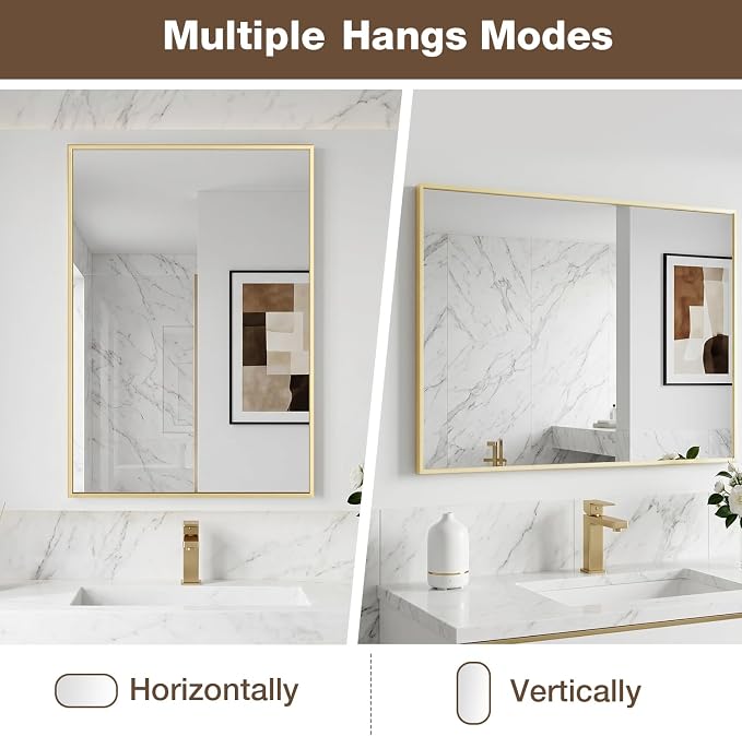 MZON 16" x 24" Brushed Gold Bathroom Vanity Mirror, Mirror for Over Sink | Aluminum Alloy Frame, Clear Reflection, Rust-Resistant, Vertical or Horizontal, Wall Mount, Bedroom and Entryway