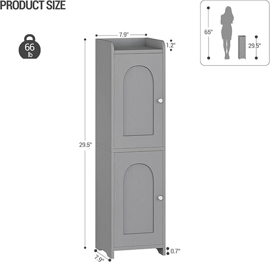 Bathroom Storage Cabinet, Small Corner Floor Cabinet with 2 Doors and Adjustable Shelf, Narrow Toilet Paper Cabinets, Bathroom Organizer for Small Spaces, 7.9" D x 7.9" W x 29.5" H Gray