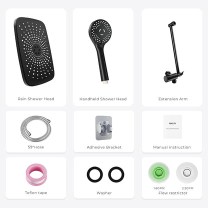 Black Rain Shower Head with Handheld Shower Head, 5 Spray Modes | High-Pressure Dual Shower Combo, Multi-Spray Handheld, 11-Inch Metal Extension Arm, Detachable Design for Easy, Flexible Use