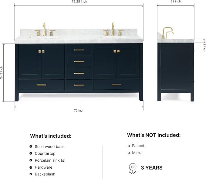 ARIEL Cambridge 72-inch Bathroom Vanity with Sink,Solid Wood, 2-inch Italian Carrara Marble Countertop, Double Rectangular Porcelain Sink, 4 Soft Closing Doors, 6 Dovetail Drawers, Midnight Blue