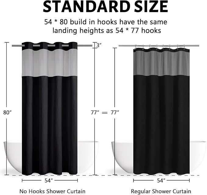 Furlinic No Hook Waffle Weave Shower Curtain with Snap in Liner Set,Heavy Duty Fabric Textured Bathroom Curtain with Sheer Window,Waterproof & Machine Washable,Black,Stall Size 54x80 Inch