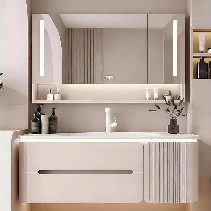 Modern wall mounted bathroom vanity, floating bathroom vanity with sink with double drawers, striped panel design, ceramic integrated basin, easy installation, suitable for small spaces (39.4in)