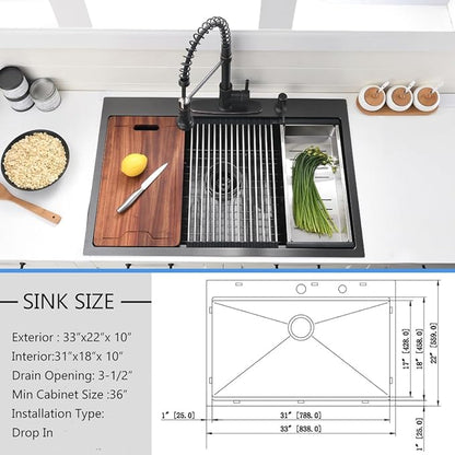 33 Inch Black Drop In Kitchen Sink Workstation - VOKIM 33x22-Inch Drop In Sink Stainless Steel Top Mount 16 Gauge Single Bowl 10'' Deep Handmade Kitchen sink with Cutting Board& Strainer