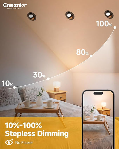 Ensenior 4 Pack 4 inch 5CCT LED Gimbal Led Recessed Light with Junction Box, 360°+90° Adjustable Directional Lighting, Dimmable, CRI90+, 2700K/3000K/3500K/4000K/5000K, 900LM, 10W=85W-ETL&FCC, Black