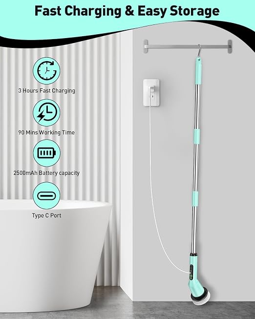 Electric Spin Scrubber for Bathroom, Shower Scrubber with Long Handle | Shower Cleaner Brushes, IPX7 Waterproof & 2 Speed, 8 Brush Heads, 90min Runtime, Bathroom Cleaning Supplies for Toilet Tub