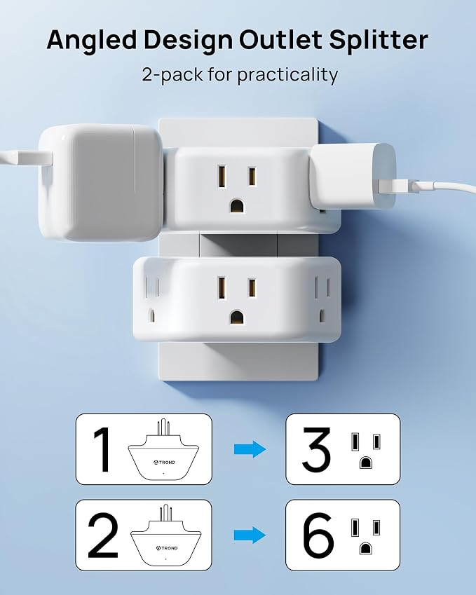 TROND 360 Rotating Plug Outlet Extender for Bathroom, 2 Pack | 3AC Wall Outlet Adapter, No Blocking with 3 Way Angled Design, Small Multiple Plug Splitter for Kitchen Cruise Ship, White