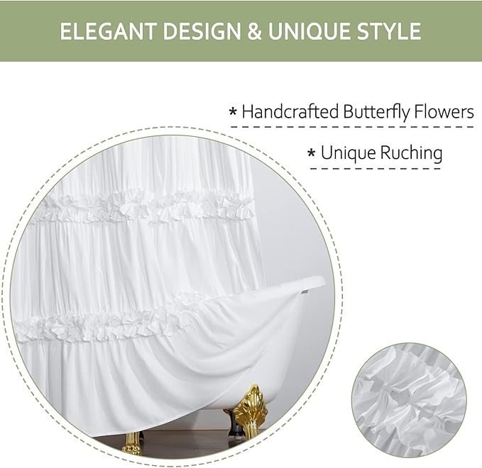 Homechoice Decor White Ruffle Shower Curtain, 72x78 | Long Bathroom Curtain with 12 Buttonholes, Vintage Handcrafted Bow Tie Bath Curtain for Master Bathroom (LQ-10)