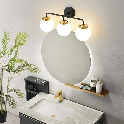 Black Gold Bathroom Light Fixtures Above Mirror, Modern Vanity Lighting with White Glass Globe Shade 3-Light Farmhouse Wall Sconce