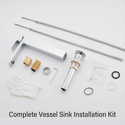 Chrome Vessel Sink Faucet, 1 Hole Single Handle Tall Bathroom Vanity Faucets, Modern Utility Rv Laundry Bath Restroom Mixer Tap with Metal Pop Up Drain and 2 Water Supply Lines