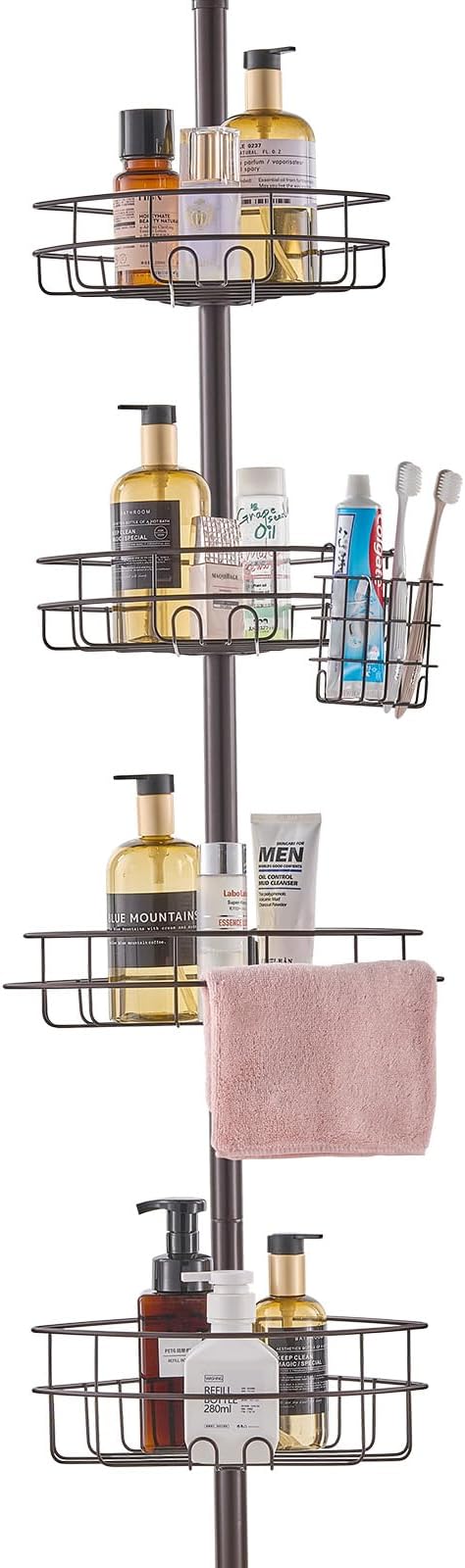 VEVOR Corner Shower Caddy Tension Pole, 4 Tier Adjustable Rustproof Organizer Shelves for Bathroom & Washroom, 42-114inch High, Bronze