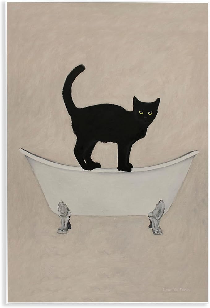 Stupell Industries Black Cat Simple Claw Foot Bathtub Bathroom Painting, Design by Coco de Paris, Tan, 13 x 19 | Stupell Industries · By Coco de Paris · Ready to hang · Bathroom novelty decor · Made in USA