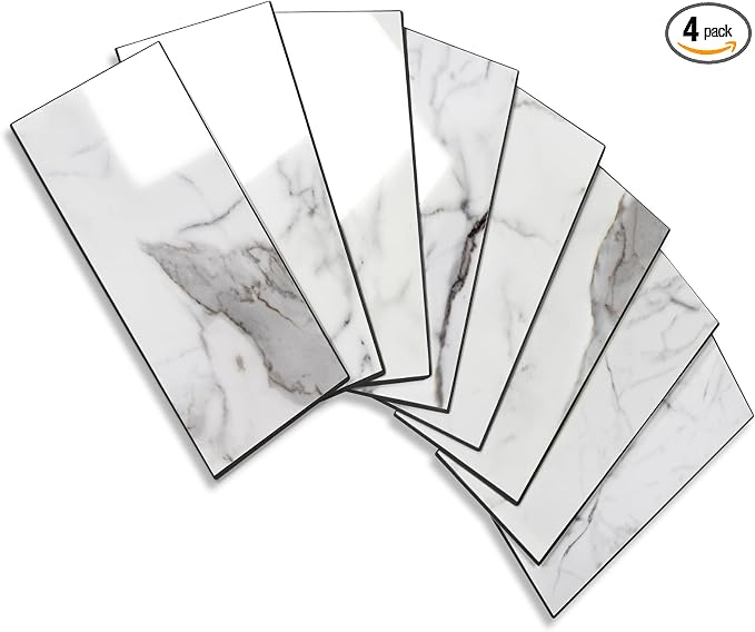 Vamos Tile 4-Piece Glossy Statury White Peel and Stick Backsplash Tile | 3''x6'' PVC Subway Tile with Dark Gray Grout, Stick on Backsplash for Kitchen/Bathroom/Fireplace/Laundry/Camper