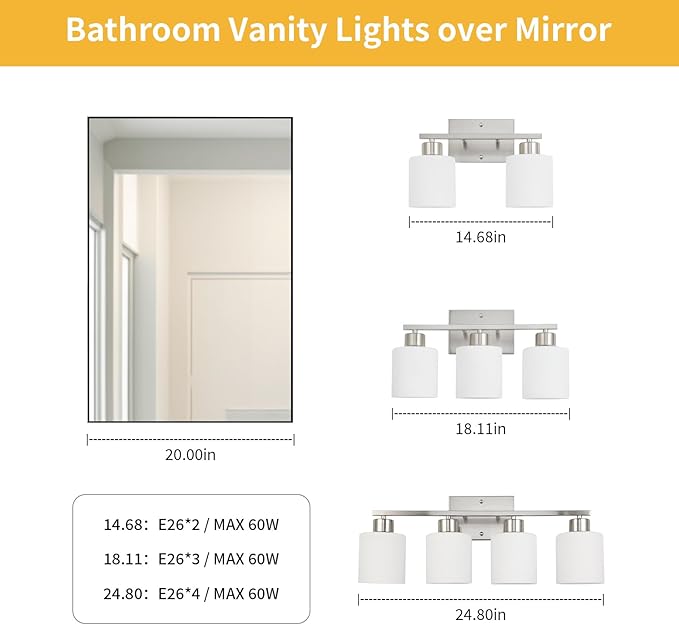 WILON Bathroom Vanity Lights, 2-Light Modern Vanity Light, Brushed Nickel Bathroom Lighting Fixture Over Mirror, Wall Sconce Light Over Kitchen Sink, Wall Lamps for Living Room Bedroom
