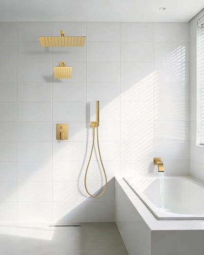 Rain Shower System with Rough-in Valve, Wall Mount Shower Faucet Set with 12" & 6" Dual Rain Shower Heads, 2-in-1 Handheld Shower, Tub Spout, 4-Function Complete Shower Fixture, Brushed Gold