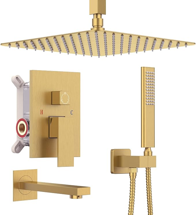 Iriber Ceiling Brushed Gold Rain Shower System with Waterfall Tub Spout 3 Function Shower Faucet Set Contain 12 Inch Shower Head and Handheld Shower Trim Kit (Valve Cartridge Included)