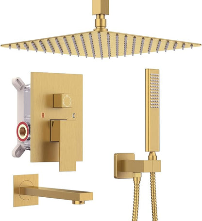 Iriber Ceiling Brushed Gold Rain Shower System with Waterfall Tub Spout 3 Function Shower Faucet Set Contain 12 Inch Shower Head and Handheld Shower Trim Kit (Valve Cartridge Included)