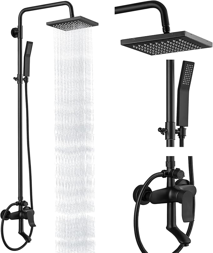 Heyalan 8-Inch Exposed Shower System with Handheld, Tub Spout, Matte Black | 3-function exposed shower system with 8-inch rainfall head, handheld shower, tub spout, adjustable slide bar, 1.8 GPM