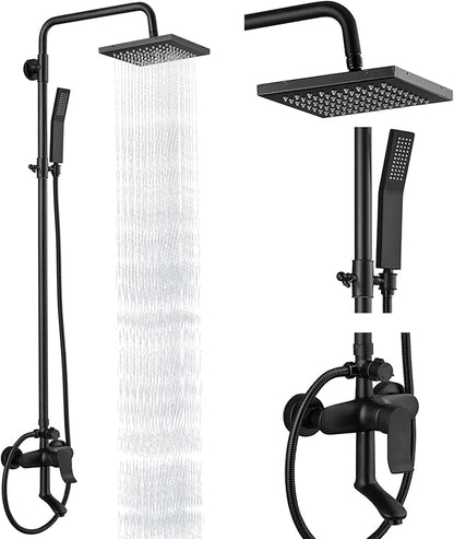 Heyalan 8-Inch Exposed Shower System with Handheld, Tub Spout, Matte Black | 3-function exposed shower system with 8-inch rainfall head, handheld shower, tub spout, adjustable slide bar, 1.8 GPM