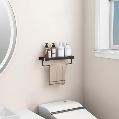 16 Inch Long Floating Bathroom Shelf with Towel Bar, Clear Tempered Glass Wall Shelf with Hand Towel Holder for Bathroom Storage Organizer, Matte Black
