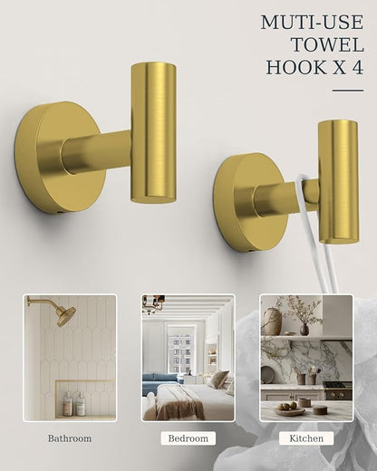 Brushed Gold Bathroom Hardware Set 10 Pieces Stainless Steel | Evolvegoods Bathroom Hardware Set, Includes 26 inch Towel Bar, 4 Towel Hook, 2 Towel Ring Toilet Paper Holder