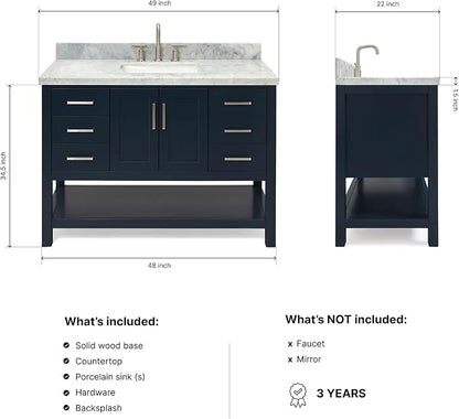 Olivia 48" Midnight Blue Bathroom Vanity with Sink, 1.5" Italian Carrara Marble Countertop, Rectangular Undermount Sink, 2 Soft Closing Doors, 6 Dovetail Drawers, Brushed Nickel