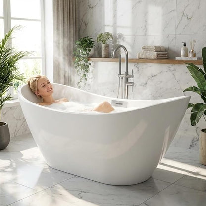 59" Freestanding Acrylic Bathtub, Deep Soaking Tub with Non-Slip Base, cUPC Certified, Chrome Pop-Up Drain and Overflow, White