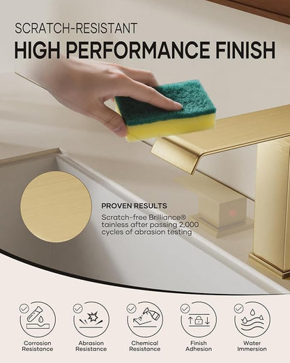 Waterfall Bathroom Faucet 3 Hole, Brushed Gold 8 Inch Widespread Modern 3 Piece Bathroom Sink Faucets & Parts, Touch On Lavatory Faucet for Bathroom Vanity