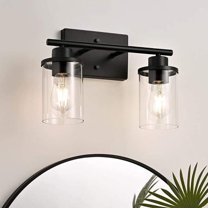 EDISHINE Bathroom Light Fixtures, 2-Light Bathroom Vanity Light with Clear Glass Shades, Matte Black Vanity Lights, Vintage Wall Sconces for Bedroom Living Room Hallway, E26 Base (Bulbs Not Included) | E26 Base (Bulbs Not Included), Vintage Wall Sconce...
