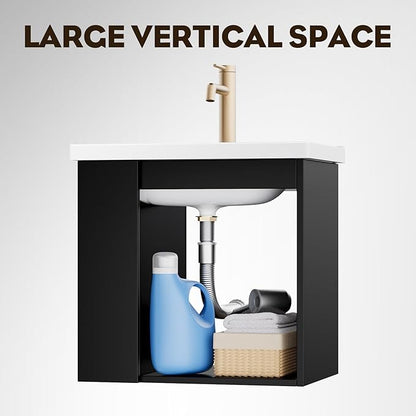 phiestina Pre-Assembled 20 Inch Floating Bathroom Vanity for Small Space, Wall-Mounted Black Cabinet with Ceramic Sink, Soft-Close Door, Left Side Storage, No Faucet,BV04-20-PUREBLACK-PLUS