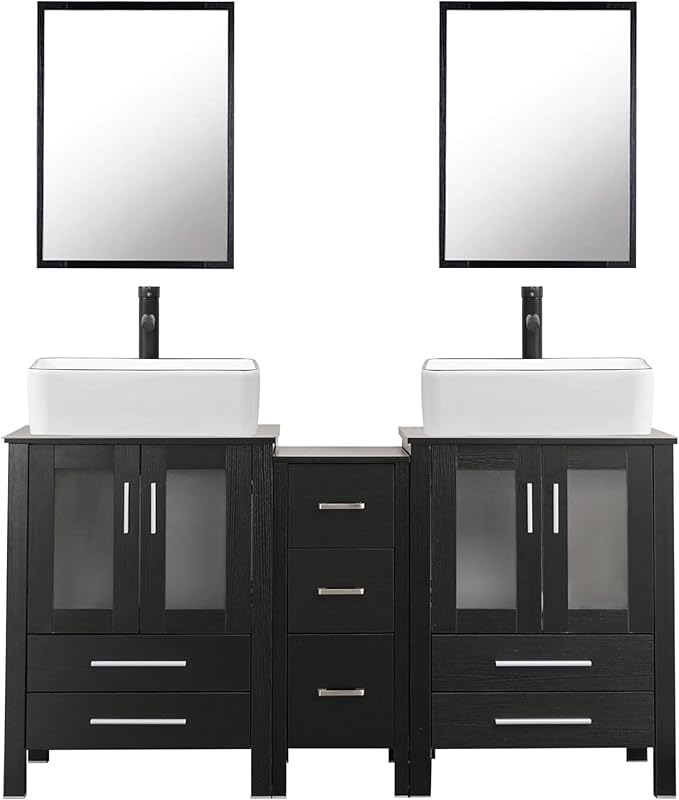 UEV 60" Double Sink Bathroom Vanity,Black Bathroom Vanity with Double Side Vanity Cabinets & Removable 3 Drawer Storage Cabinet with Modern Vessel Sink Combo,Mirror Not Included(031WH)