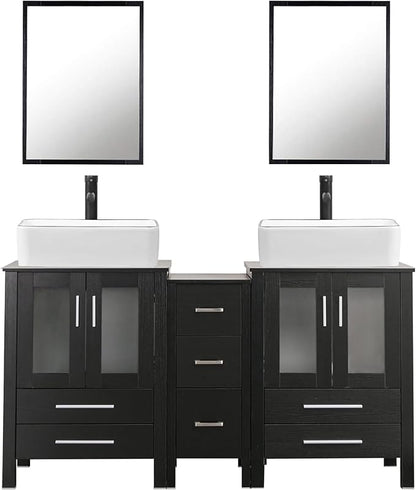 UEV 60" Double Sink Bathroom Vanity,Black Bathroom Vanity with Double Side Vanity Cabinets & Removable 3 Drawer Storage Cabinet with Modern Vessel Sink Combo,Mirror Not Included(031WH)