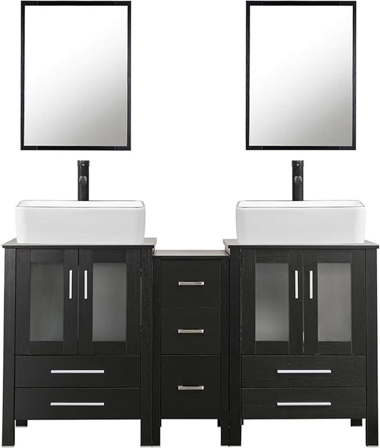 UEV 60" Double Sink Bathroom Vanity,Black Bathroom Vanity with Double Side Vanity Cabinets & Removable 3 Drawer Storage Cabinet with Modern Vessel Sink Combo,Mirror Not Included(031WH)