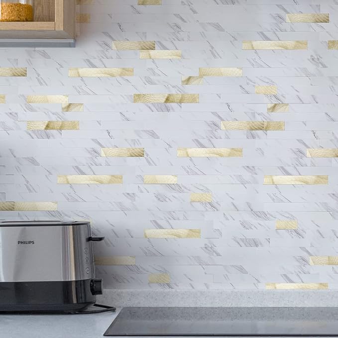Art3d Faux Stone Peel & Stick Backsplash Tile, 10pcs, Gold Stud White Slate | PVC, Multi-Style Decor Sheets, Waterproof, Traceless Peel, No Wall Damage, Ideal for Kitchen