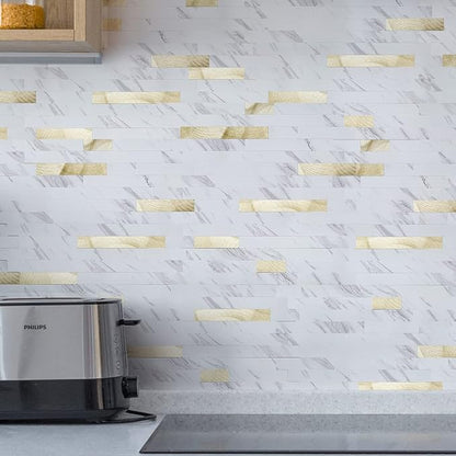 Art3d Faux Stone Peel & Stick Backsplash Tile, 10pcs, Gold Stud White Slate | PVC, Multi-Style Decor Sheets, Waterproof, Traceless Peel, No Wall Damage, Ideal for Kitchen