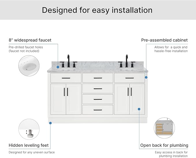 ARIEL Hepburn 66-inch Bathroom Vanity with Sink,Solid Wood, 0.75-inch Italian Carrara Marble Countertop & Backsplash, Double Oval Porcelain Sink, 4 Soft Closing Doors, 6 Dovetail Drawers, White