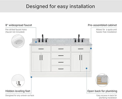 ARIEL Hepburn 66-inch Bathroom Vanity with Sink,Solid Wood, 0.75-inch Italian Carrara Marble Countertop & Backsplash, Double Oval Porcelain Sink, 4 Soft Closing Doors, 6 Dovetail Drawers, White