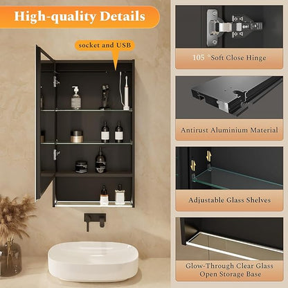 20"×34" Lighted Medicine Mirror Cabinet with Storage Adjustable Brightness 3 Color Temperature Lighting Anti-Fog Sturdy Aluminum Medicine Cabinet with Lights 2 Socket & 2 USB Ports & Adjustable Shelf