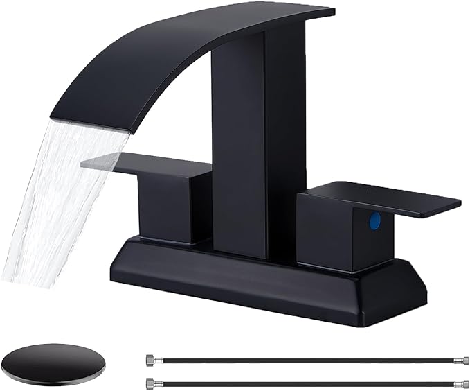 SHACO Black Bathroom Faucet, 4 Inch Centerset Bathroom Faucet 3 Hole, Matte Black 2 Handle Waterfall Bathroom Sink Faucet with Pop Up Drain and Supply Hoses, SC-ZTS004B-NEW