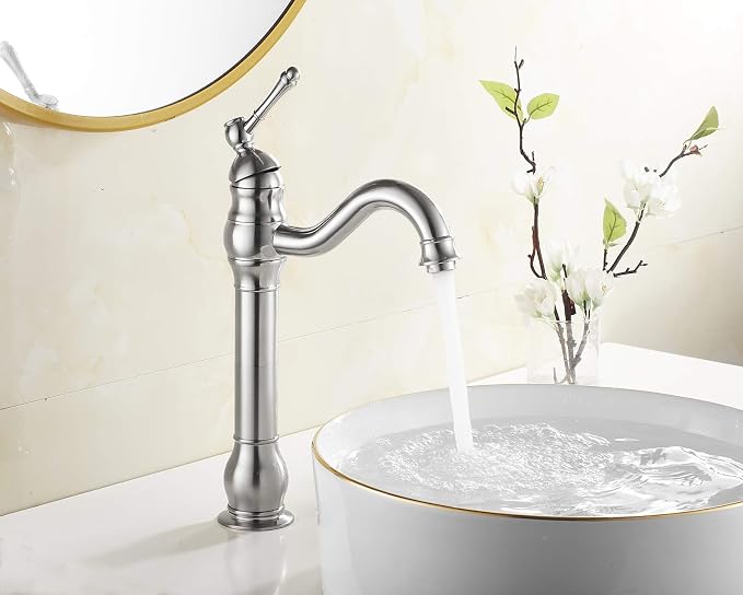 Bathroom Vessel Bowl Sink Faucet Brushed Nickel Single Handle with Drain | One Hole Lavatory Vanity Faucet 360° Swivel Matching Pop up Drain without Overflow Commercial Deck Mount