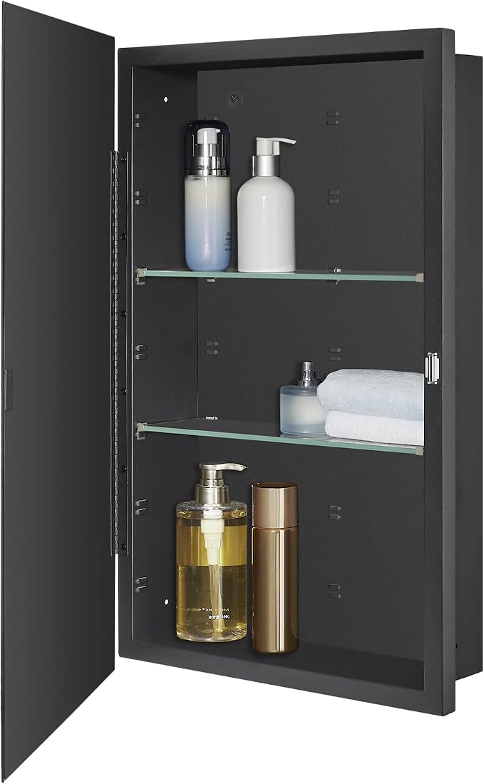 IDYLLOR Black Bathroom Medicine Cabinet with Beveled Edge Mirrored Door 16 x 26 inch, Recessed or Surface Mount, with Adjustable Glass Shelves