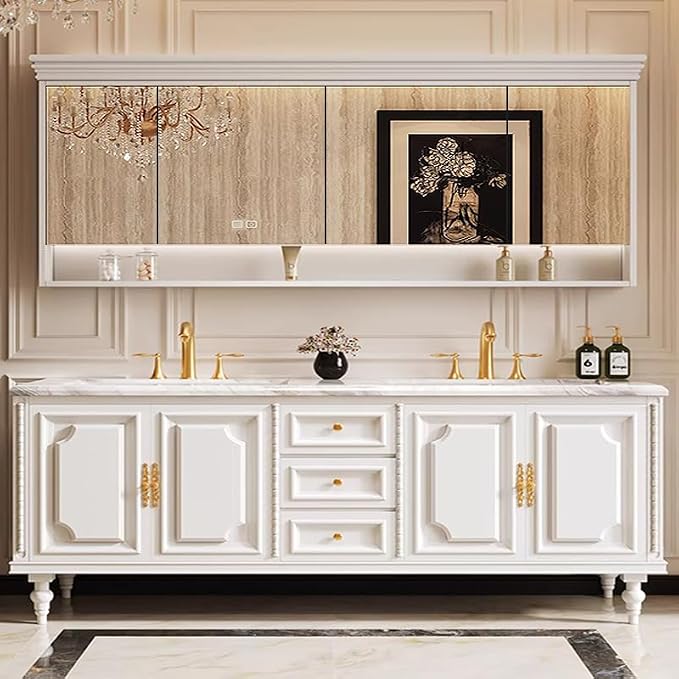 Bathroom Vanity with Single/Double Sink,Smart Defogging Mirror and Cabinet,48-92IN French Elegant Style Solid Wood Floor Standing Vanity