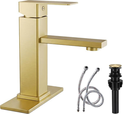 Brushed Gold Bathroom Faucet, Design with Pop-Up Drain | Single Handle Square Modern Stainless Steel, 1 or 3 Hole Installation for Farmhouse, Bathroom Sink, Vanity, Washbasin, RV