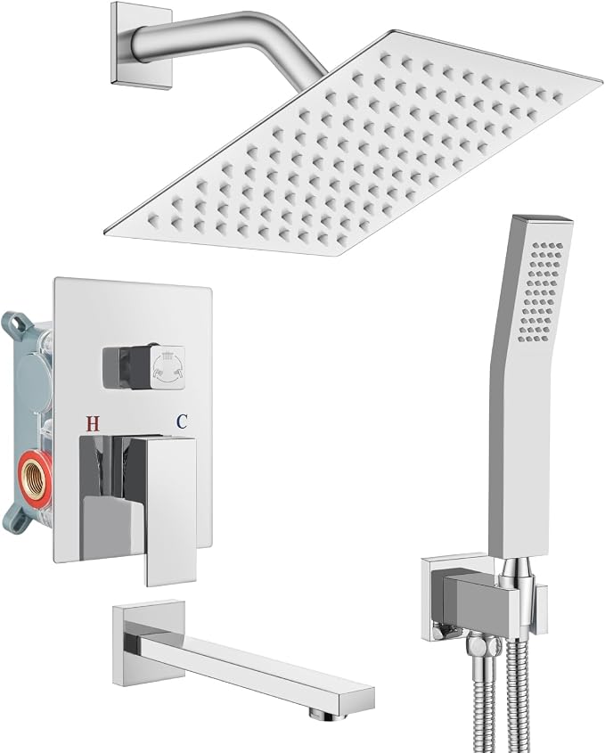 gotonovo Bathtub Shower Faucet Set, 8 Inch Shower Head, Polish Chrome | Wall Mounted Shower System with Tub Spout for Bathroom, Square High Pressure Rain Shower head with Handheld Spray, All Metal