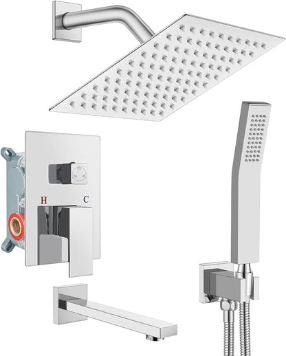 gotonovo Bathtub Shower Faucet Set, 8 Inch Shower Head, Polish Chrome | Wall Mounted Shower System with Tub Spout for Bathroom, Square High Pressure Rain Shower head with Handheld Spray, All Metal