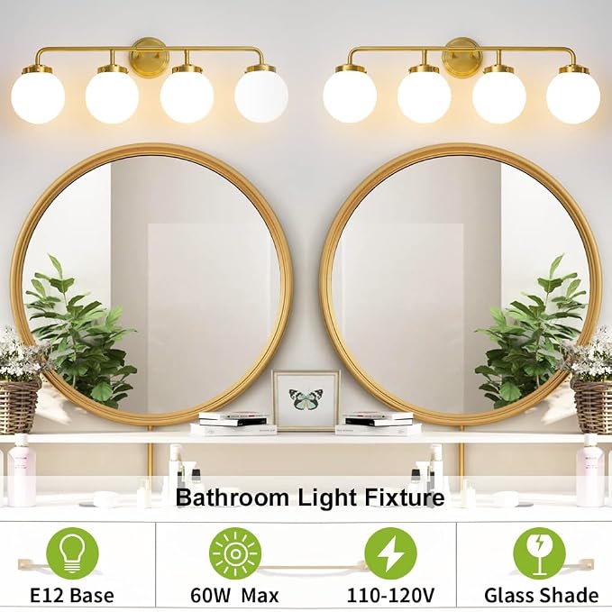 Bathroom Light Fixtures 30.7in 4-Light Brushed Gold Vanity Light for Mirror | Bathroom Lighting Fixtures over Mirror, ETL, Brushed Brass Wall Sconce, Dimmable E12 Base Max 60W, Milky Glass Ball Shades